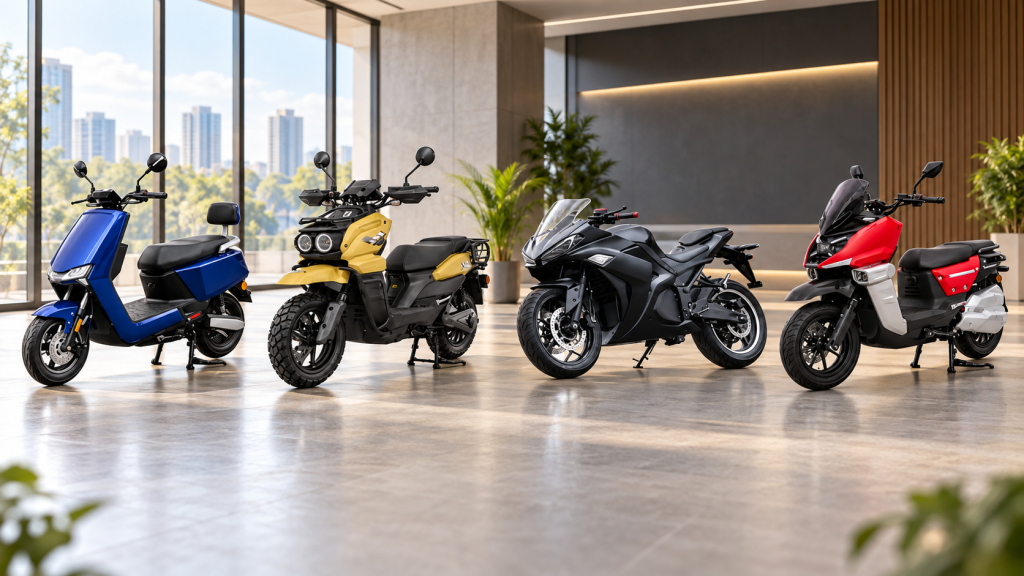 Four Falcon electric scooters and motorcycles in blue, yellow, black and red displayed side by side