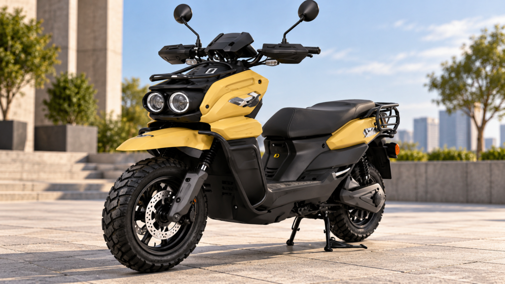 Yellow Falcon electric scooter with dual headlights, chunky tyres and a visible front disc brake