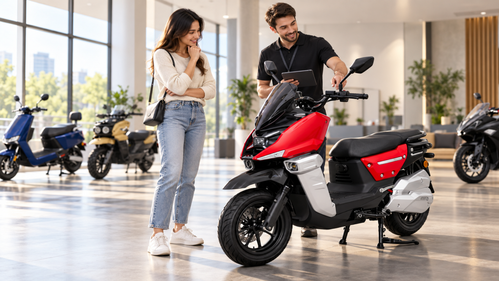 Customer and salesperson discussing the handlebar controls of a red and white Falcon electric scooter