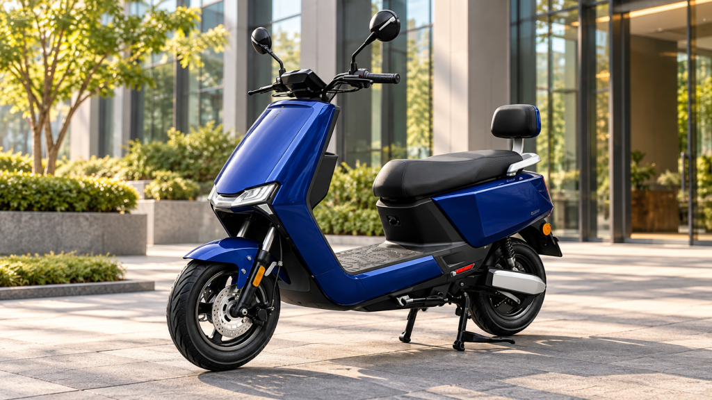 Blue Falcon electric scooter with two mirrors and a rear backrest parked outside a modern office building