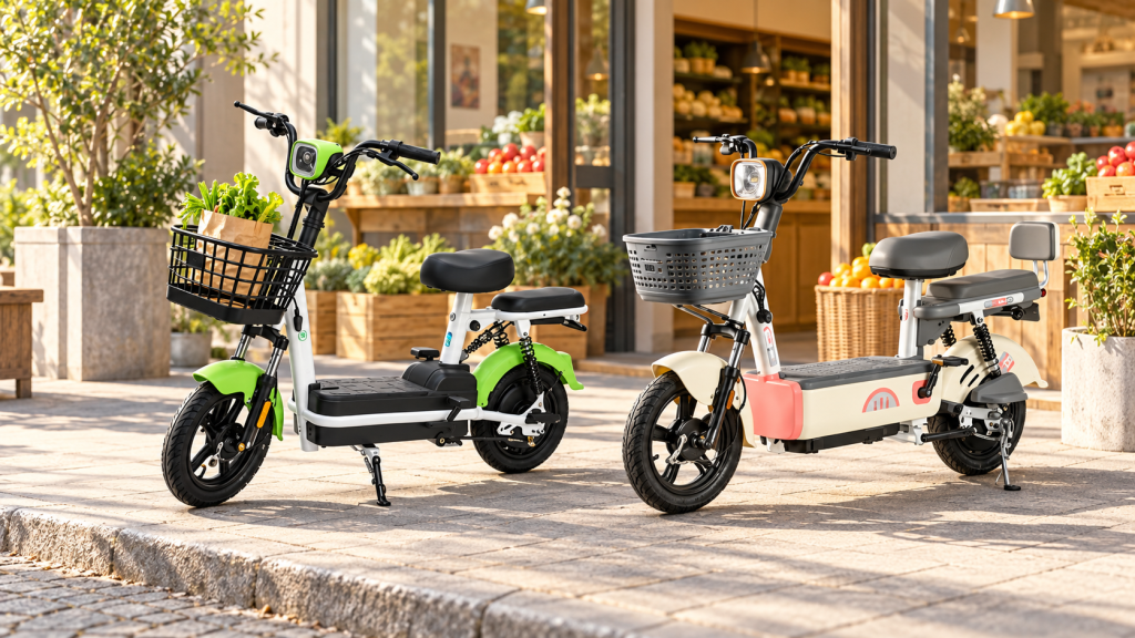 Green and cream Falcon electric bikes parked outside a grocery store, with vegetables in the green bike's front basket